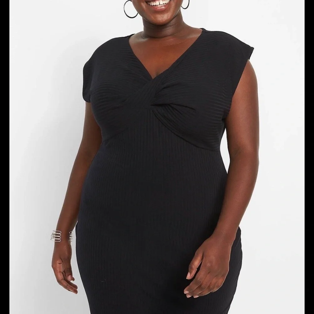 NWOT Lane Bryant Cap Sleeve Twist Neck Bodycon Ribbed Dress Black Size 26/28